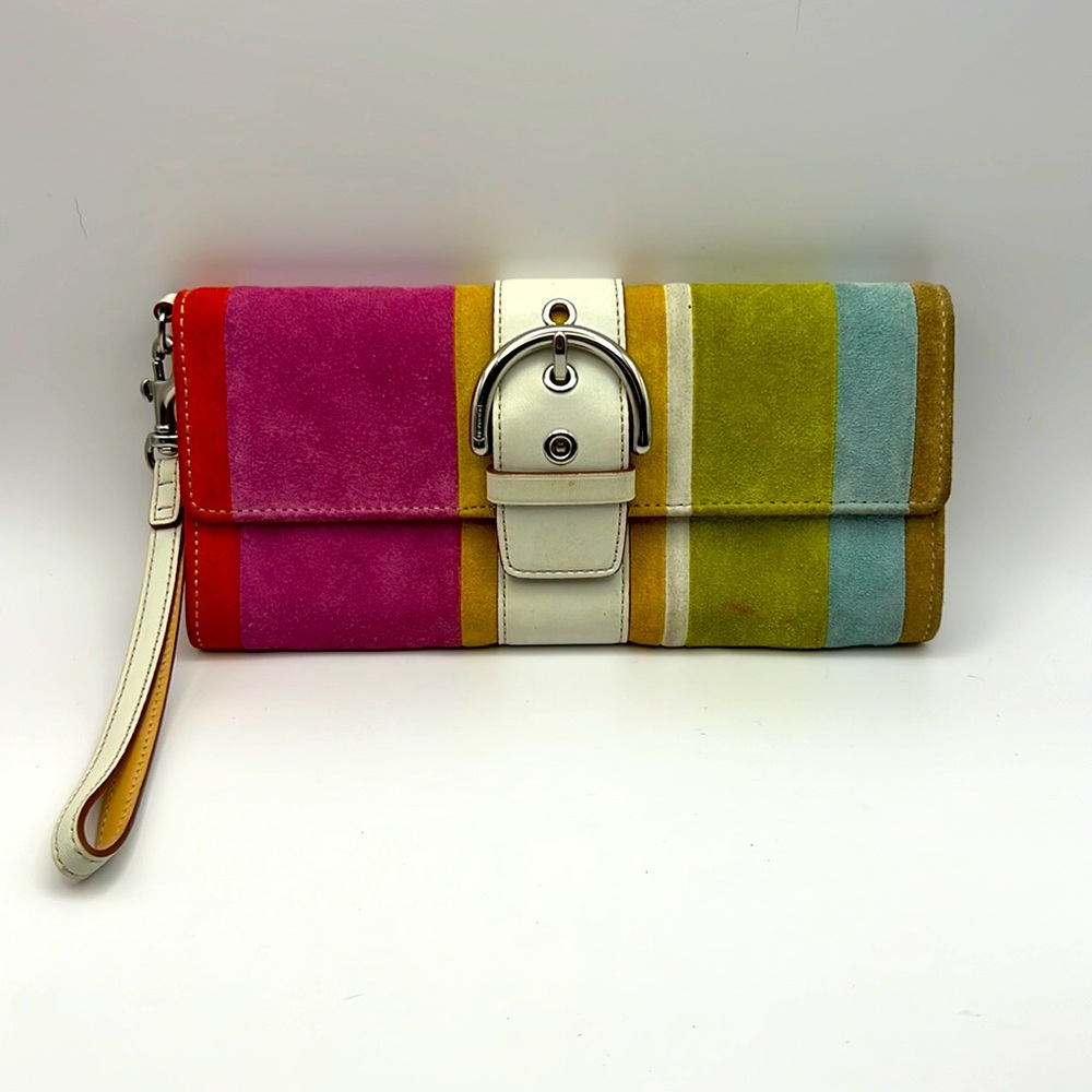 Suede rainbow Coach wristlet
